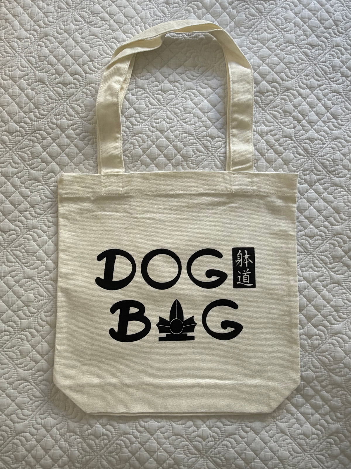 Cream Taido dogi tote bag with black hand-printed artwork