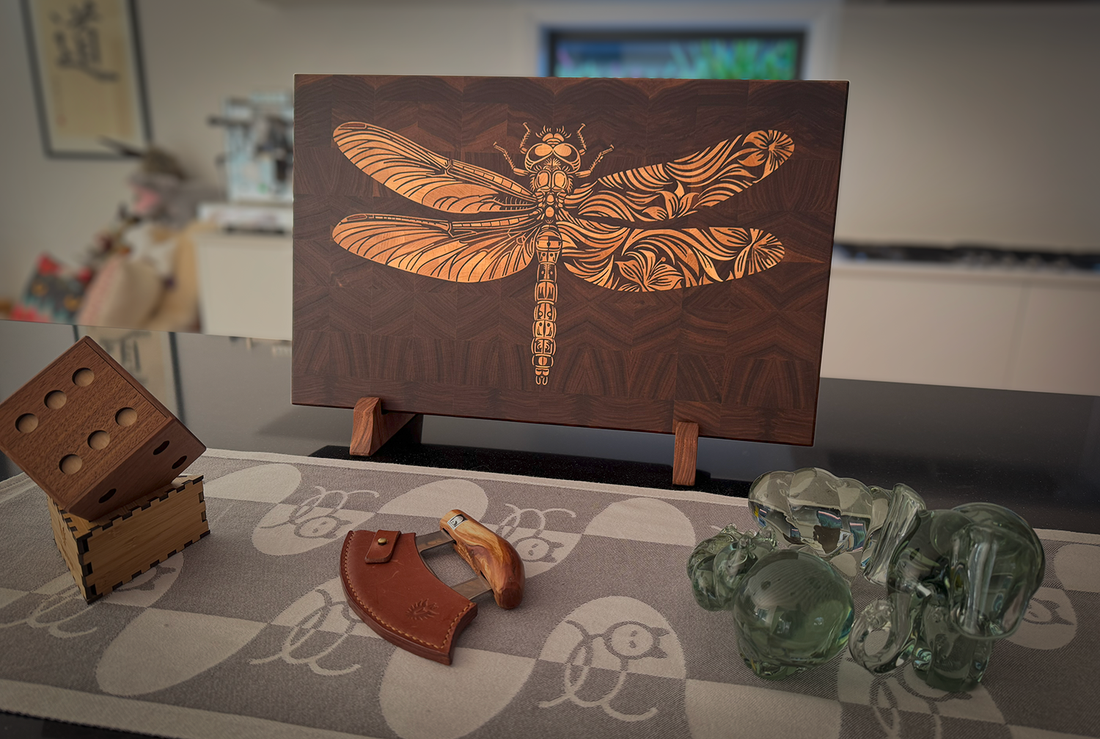 Dragonfly end grain cutting board handmade in Sydney with intricate maple and myrtle inlay